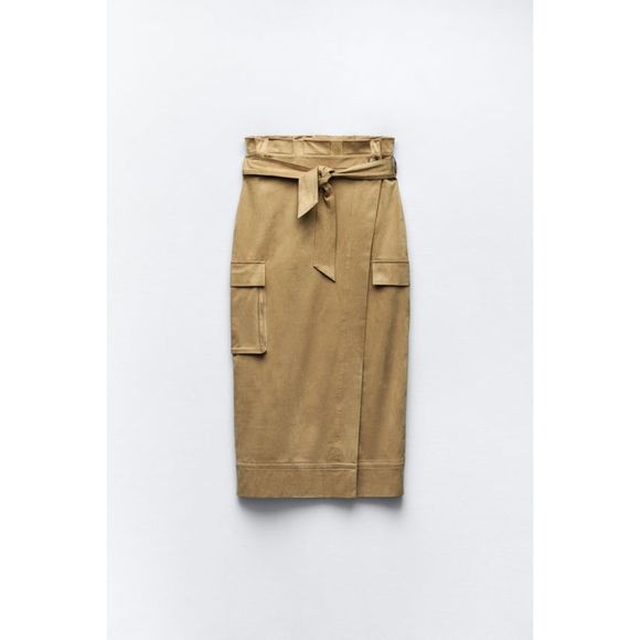 ZARA FAUX SUEDE PAPERBAG MIDI SKIRT - Picture 3 of 6